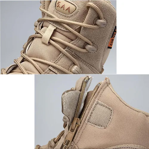 Vista 5 de Botas de trabajo tácticas militares de 8 pulgadas para hombre, botas de combate con cremallera lateral, botas de combate de cuero de gamuza