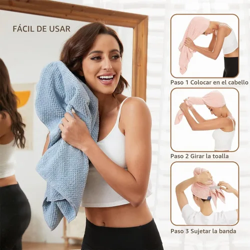 Vista 5 de Toalla Grande de Microfibra para Envolver el Cabello para Mujeres, Toalla de Secado de Cabello Anti-Encrespamiento con Correa Elástica, Secado Azul
