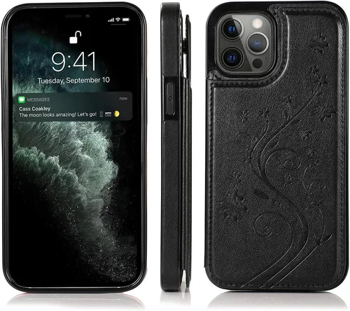 Vista 4 de Asuwish compatible con iPhone 12 Pro Max caso 6.7 protector de pantalla de vidrio templado titular de la tarjeta de la cubierta de la cartera Flip