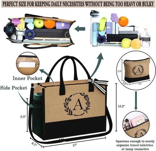 Vista 3 de YOOLIFE Regalos personalizados para mujeres, bolsa de yute con inicial y bolsa de maquillaje, regalos de cumpleaños para mujeres, mamá, esposa