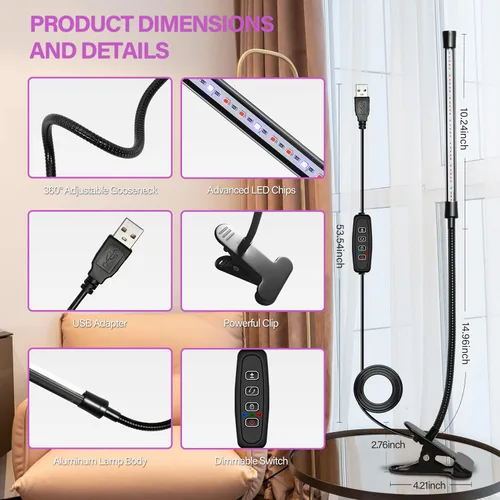 Vista 2 de iPower 21 Luz LED de Crecimiento con Espectro Completo para Plantas de Interior, Cuello de Cisne Ajustable, 3 Modos de Luz y 10 Niveles Regulables