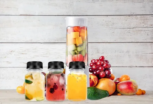 Vista 4 de 12 botellas de plástico para jugo, recipientes de bebidas reutilizables, para jugo, leche, batido y otras bebidas, con tapa negra, 3 onzas