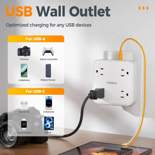 Vista 4 de TESSAN - Extensor de salida con protector de sobretensiones, adaptador de enchufe múltiple con divisor de 4 salidas y 3 USB (1 USB C), expansor