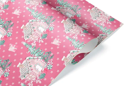 Vista 2 de Hermoso papel de regalo para casa de bastones de caramelo, rosa oscuro, rosa, grueso, papel de regalo de Navidad, turquesa, decoración navideña