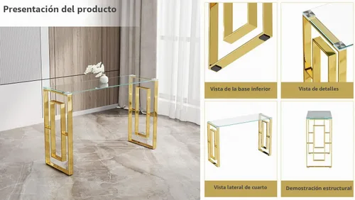 Vista 6 de SSLine Mesa consola de vidrio templado, mesa de sofá de cristal transparente con marco de acero inoxidable, mesas de entrada doradas para pasillo