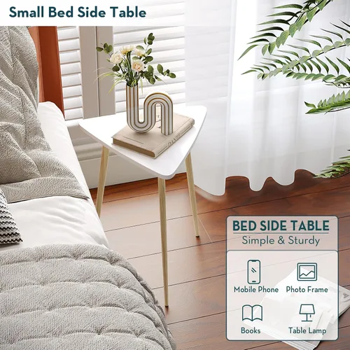 Vista 6 de SAYGOER Mesa auxiliar blanca pequeña triangular, mesa de sofá moderna y estrecha para sala de estar, dormitorio, mesita de noche única, marco