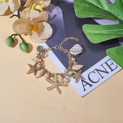 Vista 7 de PH PandaHall Pulseras de concha de estrella de mar, pulsera de perlas de imitación de concha de estrella de mar, pulsera bohemia ajustable de concha