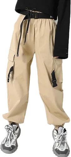 Vista 20 de Rolanko - Pantalones cargo para niñas, ropa callejera holgada, de hip hop, para bailar, de algodón, jogger para niños de 4 a 15 años Verde militar