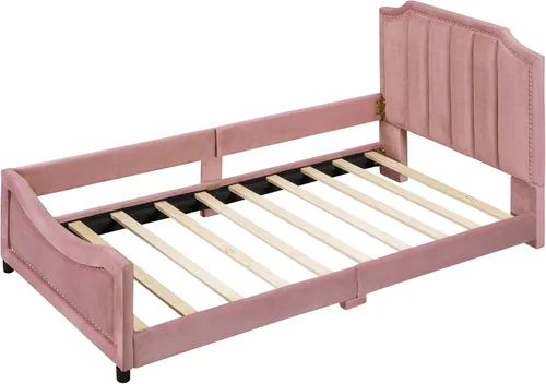 Vista 6 de Sofá cama tapizado tamaño individual, bonito sofá cama de cuero de terciopelo con cabecera clásica en forma de rayas, base de cama de madera