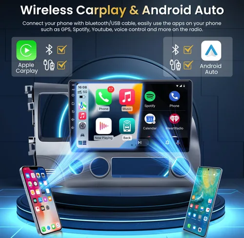 Vista 3 de Radio de coche 8-Core 4+32G para Honda Civic 2006-2011: Android 13 estéreo inalámbrico Carplay Android Auto, 10 "pantalla táctil 1280 * 800 5G WiFi