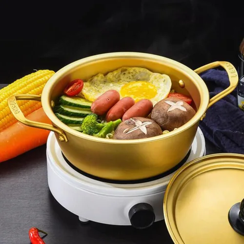 Vista 4 de Housoutil Olla ramen 1 juego de olla de ramen coreano con tapa, cuchara, palillos tradicionales de aluminio instantáneo Ramyun para el hogar