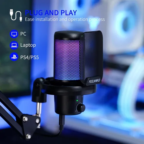 Vista 5 de FEELWORLD VM1 Micrófono USB para PC de juegos Micrófono condensador con cancelación de ruido Silencio Luz RGB, accesorios de computadora Regalos