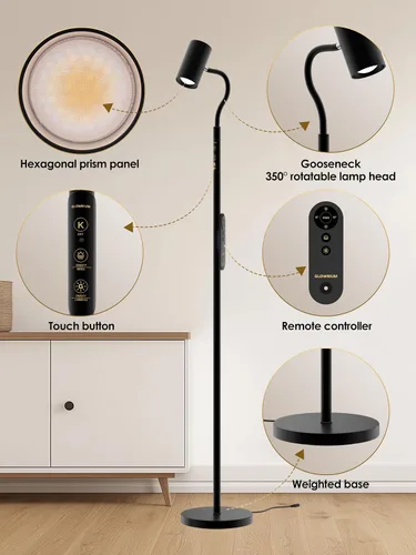Vista 7 de GLOWRIUM - Lámpara de pie de lectura LED de 17 W con control remoto, lámpara de pie regulable de 67 pulgadas