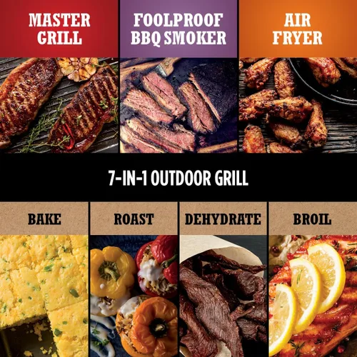 Vista 5 de Parrilla de exterior Ninja OG751 Woodfire Pro con termómetro incorporado, parrilla Master 7 en 1, ahumador de barbacoa y freidora de aire