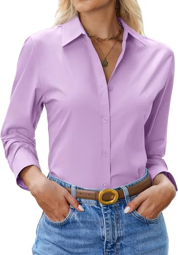 Vista 9 de siliteelon Camisa con botones para mujer: camisa de vestir con cuello de manga larga de algodón con botones, blusa de trabajo y oficina
