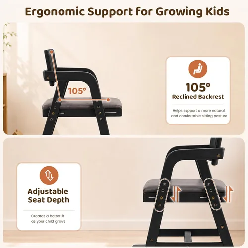 Vista 8 de Silla de comedor de madera para niños pequeños con asiento Negro