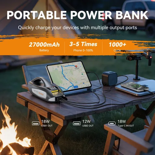 Vista 5 de Arrancador de 6000A con compresor de aire, arrancador de batería de automóvil portátil de 27000mAh 160PSI, paquete de batería de 12V