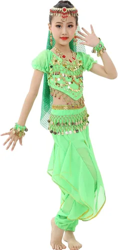 Vista 2 de Astage Girls Belly Dance Costume Short Sleeve Top Skirt Hip Scarf Cosplay All Set Green-b