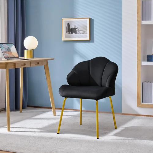 Vista 7 de Yaheetech Silla de tocador, silla decorativa de terciopelo con respaldo en forma de concha, sillón moderno con patas de metal dorado para Negro