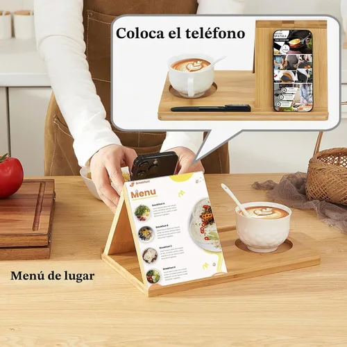Vista 7 de Soporte para Libros de Bambú, Soporte Triangular para Libros con Marco de Imagen Acrílico, Descanso para Libros con Portavasos, Soporte para Tableta