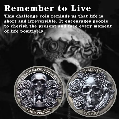 Vista 5 de Moneda Memento Mori Reloj de arena Cráneo Tiempo Mortalidad Moneda estoica Amor Fati Moneda Memento Vivere Carpe Cráneo Coleccionable Recuerdo