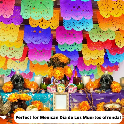 Vista 6 de Cartel de papel picado Dia de Los Muertos, guirnaldas de papel de seda del Día de los Muertos, decoraciones de fiesta mexicana, paquete de 5 83