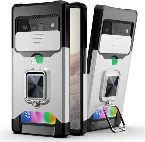 Vista 7 de Funda tipo billetera para Google Pixel 7/7Pro, con cubierta deslizante para cámara, ranura para tarjetero y anillo magnético con soporte, funda Negro