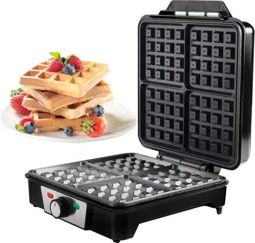 Vista 5 de CucinaPro Máquina para hacer gofres belgas de cuatro cuadrados, aparato de cocina extra grande de acero inoxidable con placas de hierro