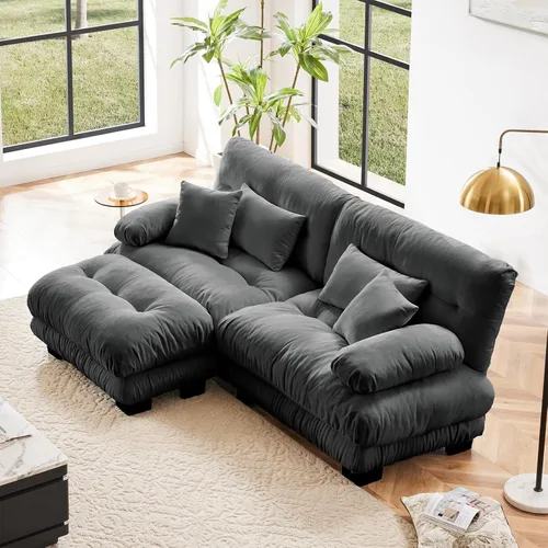 Vista 9 de Sofá modular en forma de U de 118 pulgadas con 2 otomanas, sofá de nube de terciopelo peletizado con almohadas de apoyabrazos de refuerzo, cómodo