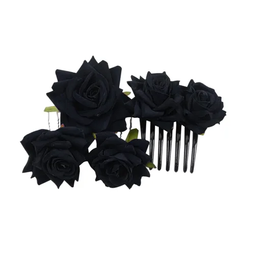 Vista 2 de 4 horquillas rosas para mujer, broche de rosa nupcial, pinzas florales para boda, para mujer, niña, fiesta, boda (negro)