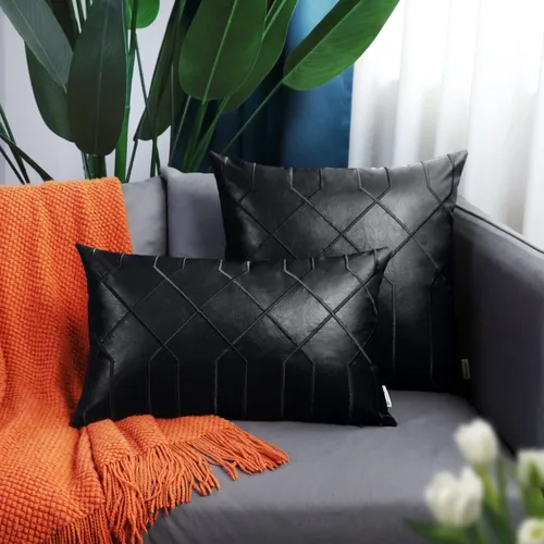 Vista 3 de BRAWARM Fundas de almohada de cuero 16 X 16 pulgadas, paquete de 2 fundas de almohada de cuero sintético negro, fundas de almohada decorativas