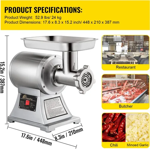 Vista 7 de Happybuy Picadora de Carne Comercial, 550LB/h 1100W, 220 RPM Picadora de Carne Industrial de Acero Inoxidable de Servicio Pesado con 2 Cuchillas