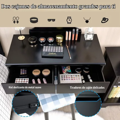 Vista 5 de Set de mesa de tocador Giantex con 8 bombillas y interruptor táctil, mesa de maquillaje para niñas princesa con espejo redondo grande, 2 cajones
