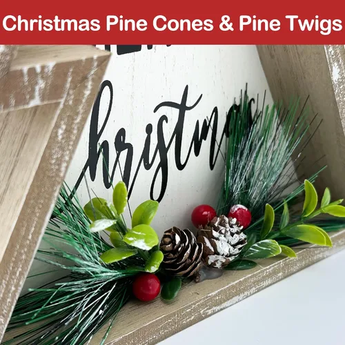 Vista 4 de Decoraciones navideñas para el hogar estilo granja, feliz árbol de Navidad con piñas, bloque decorativo de madera rústico para mesa, decoración