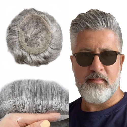Vista 58 de Mens Toupee Swiss Lace Mens Hair Piece Sistema de reemplazo de cabello para hombres Toupee para hombres Cabello humano nudo blanqueado protesis