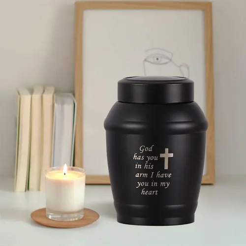 Vista 8 de Urna de cremación de acero inoxidable con cruz negra de 5.8 pulgadas para cenizas adultas, hombres o mujeres, urna conmemorativa funeraria