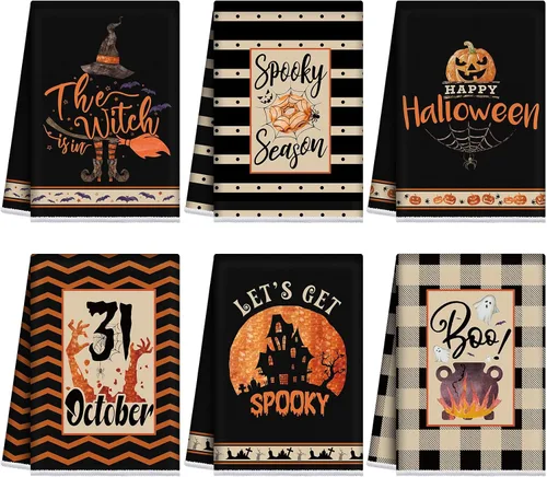 Vista 12 de Ganeen Juego de 6 toallas de mano de Acción de Gracias con texto en inglés «Hello Fall» en blanco y negro, vintage, calabaza, camión, motero
