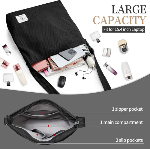 Vista 3 de KALIDI Bolso de mano de pana para mujer, estilo casual, con cremallera, grande, bandolera, bolso de hombro, bolso de trabajo a la moda para mujer