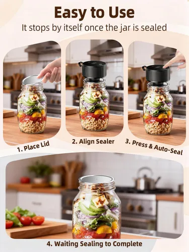 Vista 5 de Kit de sellador al vacío eléctrico de tarros Mason – Sellador al vacío de mano 2 en 1 para tarros de conservas y bolsas de Sous Vide, sellador