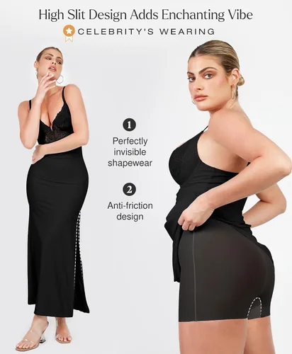 Vista 3 de Popilush Maxi vestidos para mujer, cuello en V profundo, faja moldeadora de encaje de satén con abertura alta, vestido de cóctel, fiesta para salir
