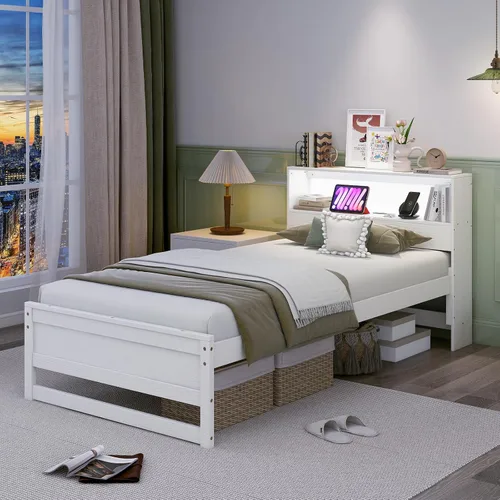 Vista 10 de Giantex Base de cama individual con cabecera de almacenamiento, plataforma de madera con estación de carga y luz LED, cama individual con soporte