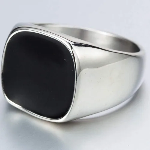 Vista 3 de Anillo Pinky de acero inoxidable con sello de esmalte negro liso, clásico, talla 4-16