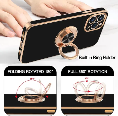 Vista 4 de Hython - Funda para iPhone 14 Pro con soporte de anillo [soporte magnético de anillo giratorio de 360°] [soporte para montaje en coche] Borde dorado