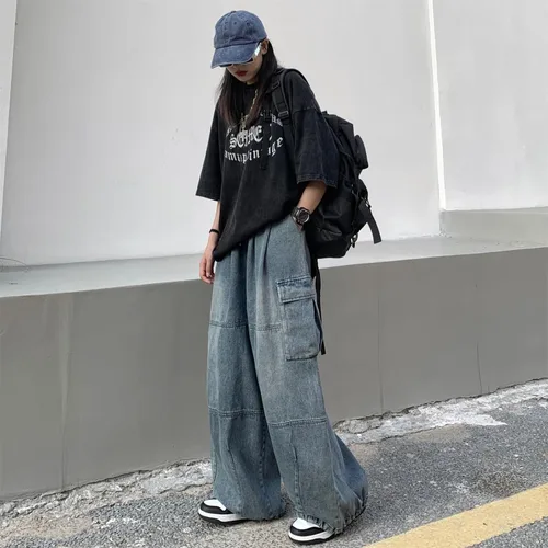 Vista 2 de Y2K - Pantalones de mezclilla holgados Emo Cyber Cargo Grunge Vintage Demin Ropa estética Hiphop Jogger Pantalones deportivos góticos Streetwear