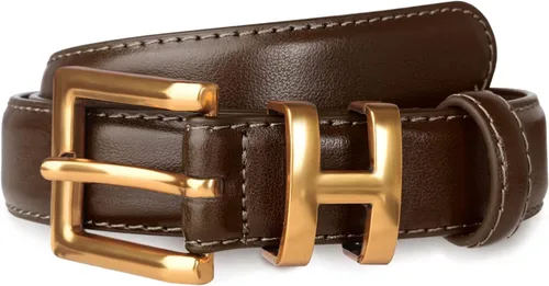 Vista 443 de Cinturón de cuero clásico con hebilla de metal para mujer con vestido de jeans