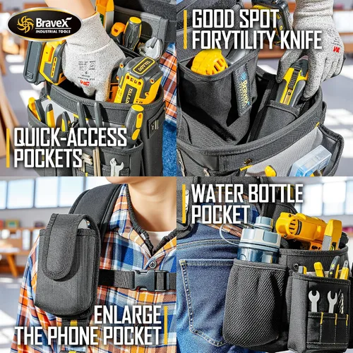 Vista 6 de Bravex - Tirantes de cinturón de herramientas, chaleco de herramientas Pro Ultra 20 bolsas estilo Y, 5 combo delantal bolsa de herramientas