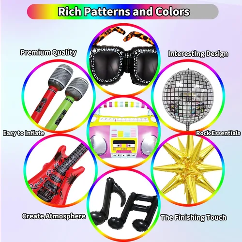Vista 4 de JOGAMS Decoraciones de fiesta de los 80 y 90 165 piezas Globos con guitarra inflable retro, micrófono, anteojos, nota musical, globos de bola