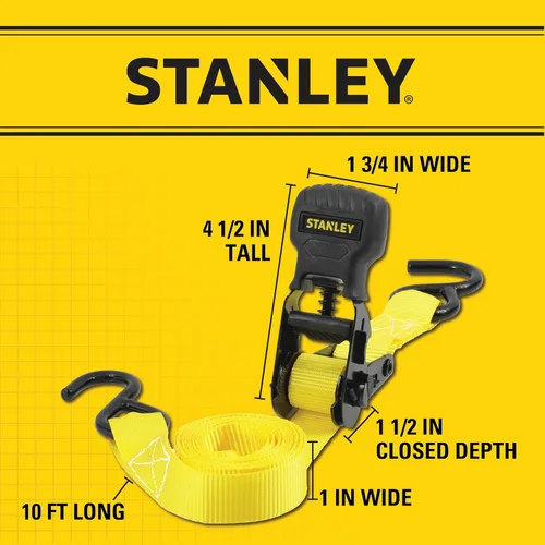Vista 5 de STANLEY S10002 Correas de amarre de trinquete negras/amarillas de 1 pulgada x 10 pies - Carga de trabajo segura de 500 libras / Resistencia a