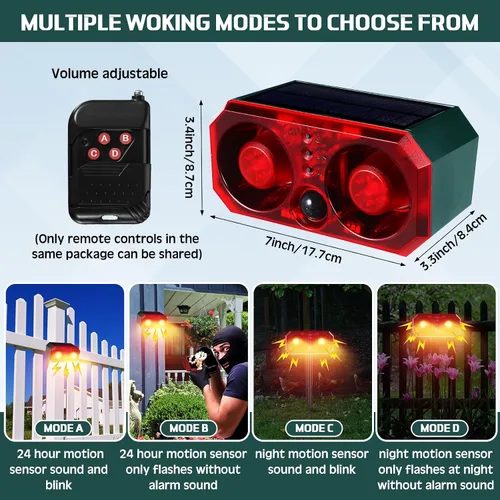 Vista 3 de Qualirey - 2 unidades de alarma solar con sensor de movimiento para exteriores con estaca disuasorio de animales, sensor de ladridos de perro, 13