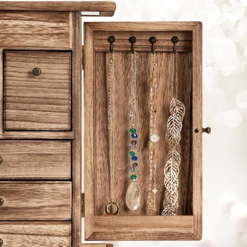 Vista 7 de Yoimori - Joyero para mujer, cajas de joyería y organizadores de madera rústica con espejo y cajones, organizador de joyería de 6 niveles